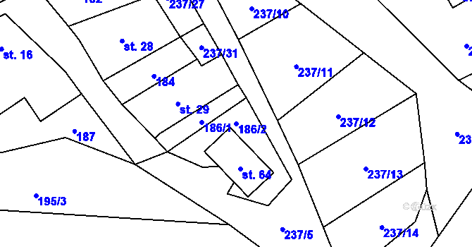 Parcela st. 186/2 v KÚ Veleboř, Katastrální mapa