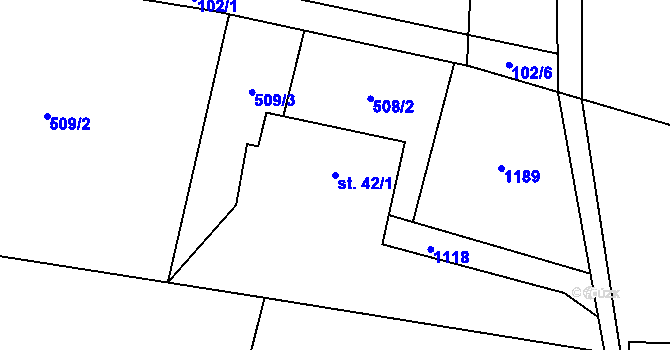 Parcela st. 42/1 v KÚ Klučenice, Katastrální mapa