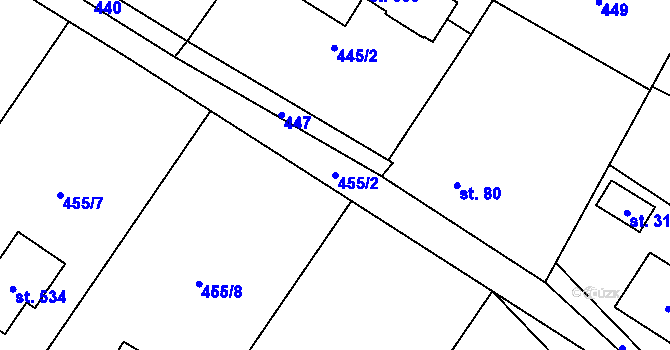 Parcela st. 455/2 v KÚ Kly, Katastrální mapa