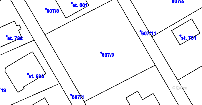Parcela st. 607/9 v KÚ Kly, Katastrální mapa
