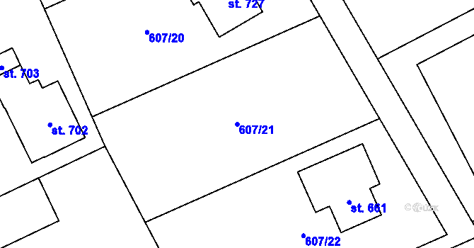 Parcela st. 607/21 v KÚ Kly, Katastrální mapa