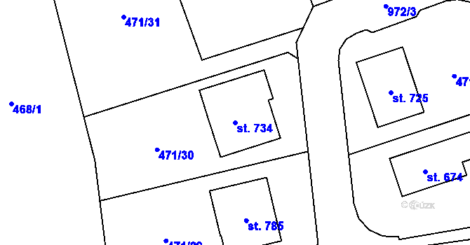 Parcela st. 734 v KÚ Kly, Katastrální mapa