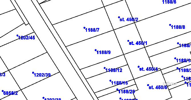 Parcela st. 1188/9 v KÚ Kněždub, Katastrální mapa