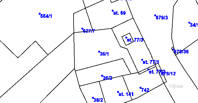 Parcela st. 36/1 v KÚ Kněževes u Prahy, Katastrální mapa