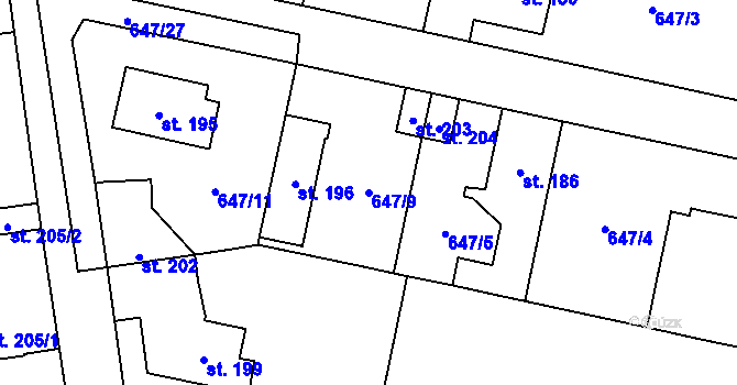 Parcela st. 647/9 v KÚ Knovíz, Katastrální mapa