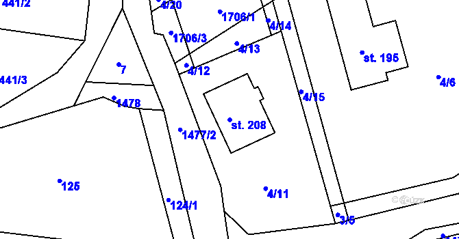 Parcela st. 208 v KÚ Knyk, Katastrální mapa