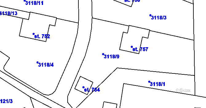 Parcela st. 3118/9 v KÚ Koberovy, Katastrální mapa