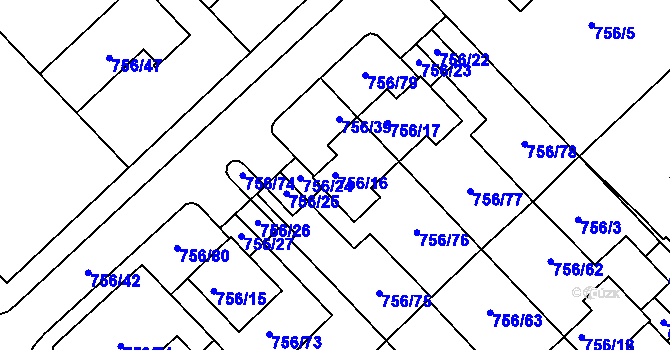 Parcela st. 756/16 v KÚ Kobeřice u Brna, Katastrální mapa