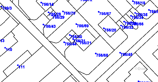Parcela st. 756/21 v KÚ Kobeřice u Brna, Katastrální mapa