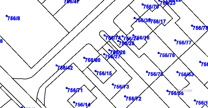 Parcela st. 756/27 v KÚ Kobeřice u Brna, Katastrální mapa