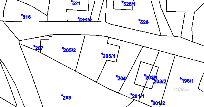 Parcela st. 205/1 v KÚ Koblov, Katastrální mapa