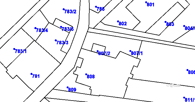 Parcela st. 807/2 v KÚ Koblov, Katastrální mapa