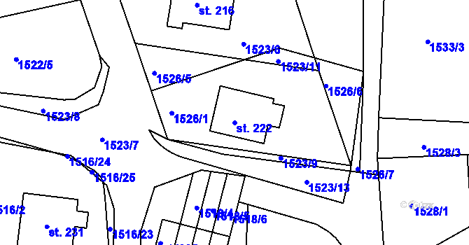 Parcela st. 222 v KÚ Koburk, Katastrální mapa