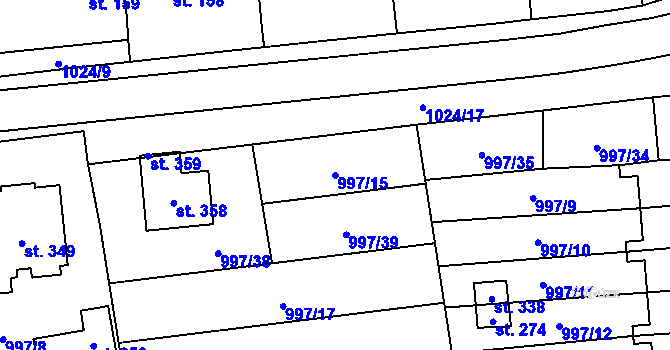 Parcela st. 997/15 v KÚ Kočí, Katastrální mapa