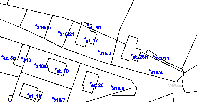 Parcela st. 316/3 v KÚ Ústí nad Mží, Katastrální mapa