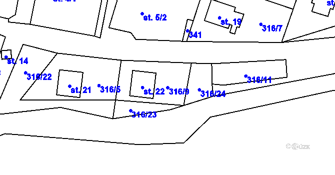 Parcela st. 316/9 v KÚ Ústí nad Mží, Katastrální mapa