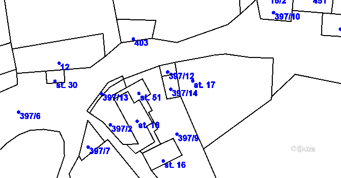 Parcela st. 397/14 v KÚ Úhořilka, Katastrální mapa