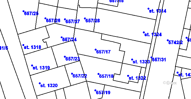 Parcela st. 657/17 v KÚ Kojetín, Katastrální mapa