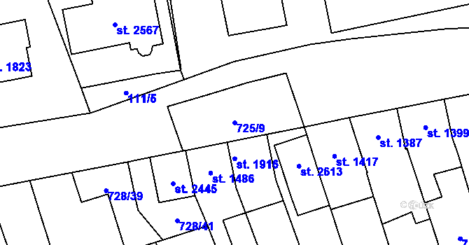 Parcela st. 725/9 v KÚ Kojetín, Katastrální mapa