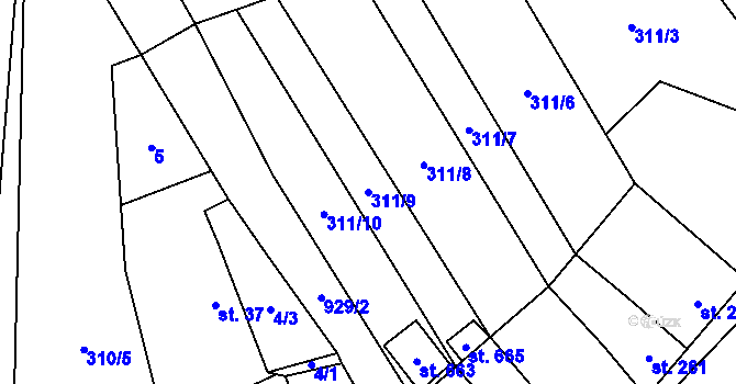 Parcela st. 311/9 v KÚ Kokory, Katastrální mapa