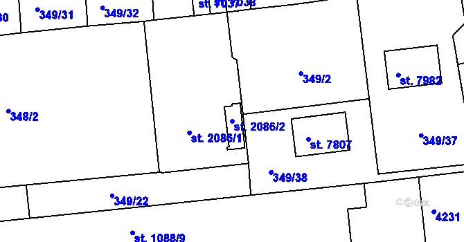 Parcela st. 2086/2 v KÚ Kolín, Katastrální mapa