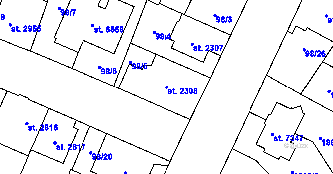 Parcela st. 2308 v KÚ Kolín, Katastrální mapa