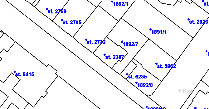 Parcela st. 2387 v KÚ Kolín, Katastrální mapa