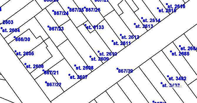Parcela st. 2610 v KÚ Kolín, Katastrální mapa