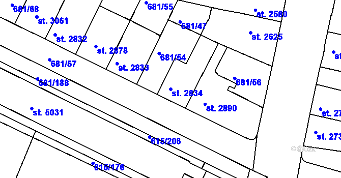 Parcela st. 2834 v KÚ Kolín, Katastrální mapa