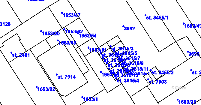 Parcela st. 3615/2 v KÚ Kolín, Katastrální mapa