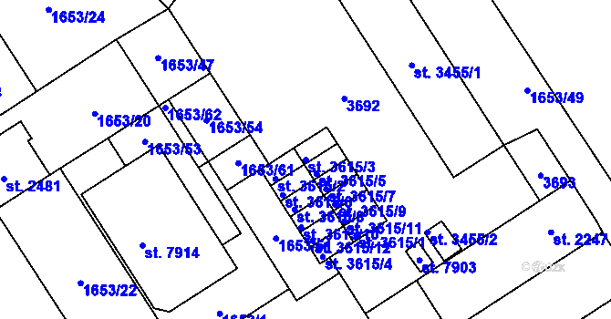 Parcela st. 3615/3 v KÚ Kolín, Katastrální mapa