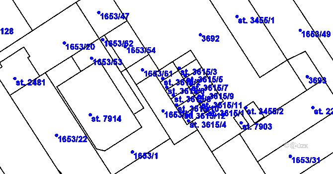Parcela st. 3615/6 v KÚ Kolín, Katastrální mapa