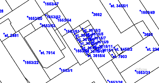 Parcela st. 3615/8 v KÚ Kolín, Katastrální mapa