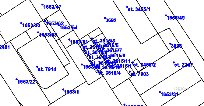 Parcela st. 3615/9 v KÚ Kolín, Katastrální mapa