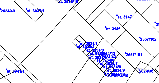 Parcela st. 3934/1 v KÚ Kolín, Katastrální mapa