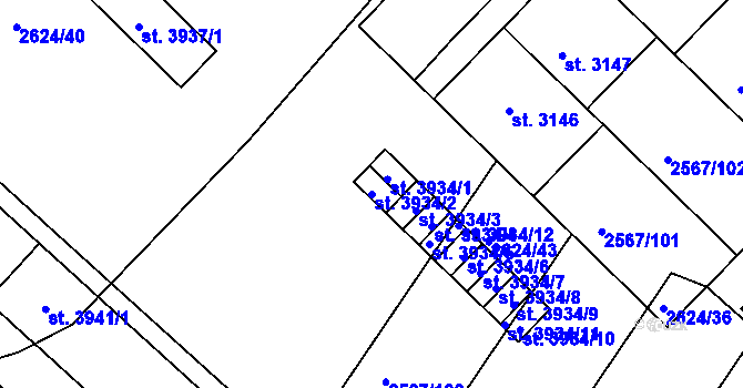 Parcela st. 3934/2 v KÚ Kolín, Katastrální mapa