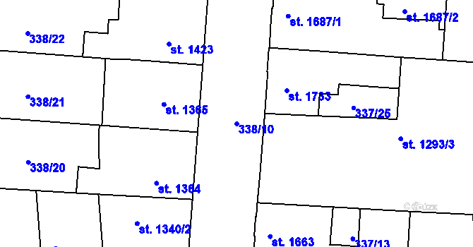 Parcela st. 338/10 v KÚ Kolín, Katastrální mapa