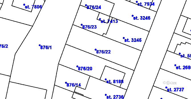 Parcela st. 876/22 v KÚ Kolín, Katastrální mapa