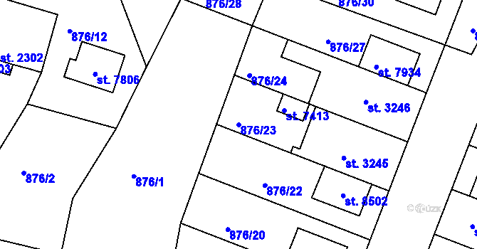 Parcela st. 876/23 v KÚ Kolín, Katastrální mapa