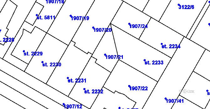 Parcela st. 1907/21 v KÚ Kolín, Katastrální mapa