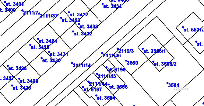 Parcela st. 2111/36 v KÚ Kolín, Katastrální mapa