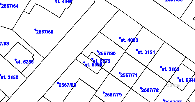 Parcela st. 2567/90 v KÚ Kolín, Katastrální mapa