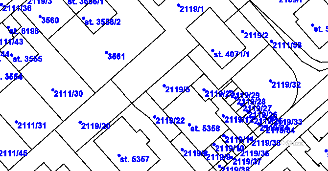 Parcela st. 2119/5 v KÚ Kolín, Katastrální mapa