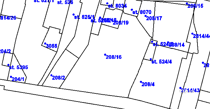 Parcela st. 208/16 v KÚ Kolín, Katastrální mapa