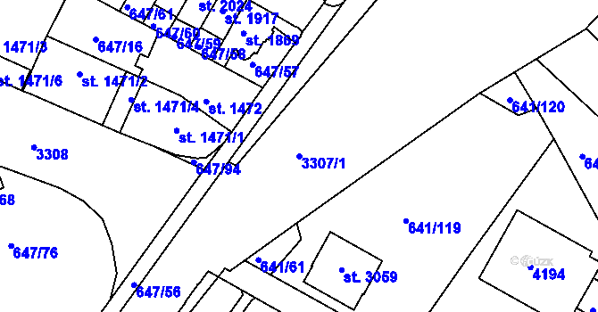 Parcela st. 3307/1 v KÚ Kolín, Katastrální mapa