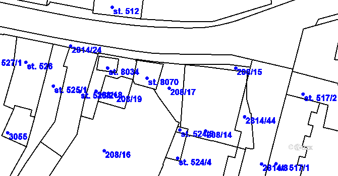 Parcela st. 208/17 v KÚ Kolín, Katastrální mapa