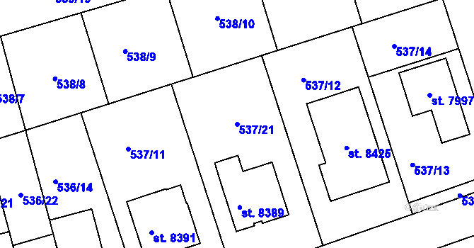 Parcela st. 537/21 v KÚ Kolín, Katastrální mapa