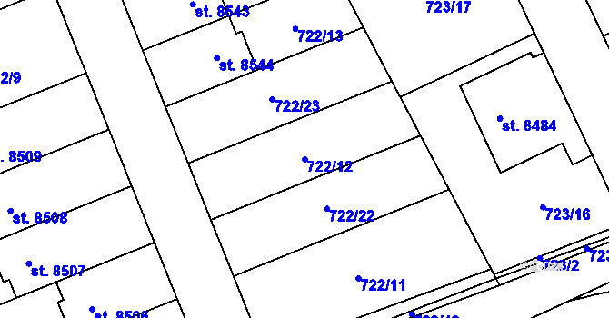 Parcela st. 722/12 v KÚ Kolín, Katastrální mapa