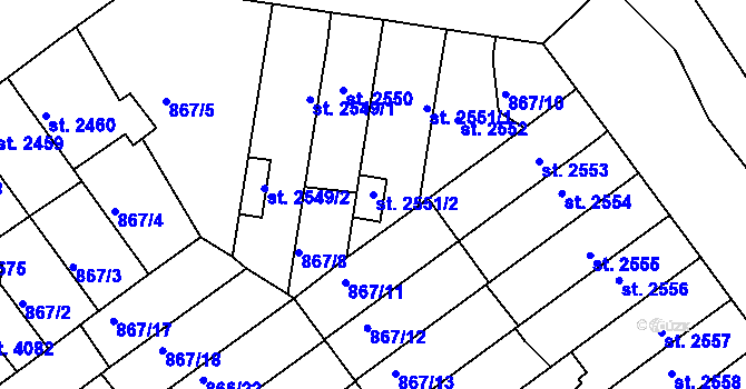 Parcela st. 2551/2 v KÚ Kolín, Katastrální mapa