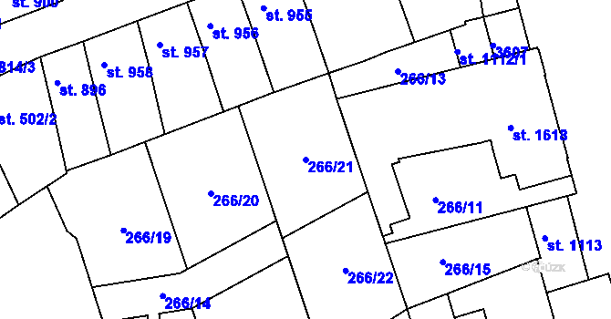 Parcela st. 266/21 v KÚ Kolín, Katastrální mapa
